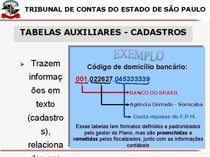 X X TRIBUNAL DE CONTAS DO ESTADO DE SÃO PAULO TABELAS AUXILIARES - CADASTROS