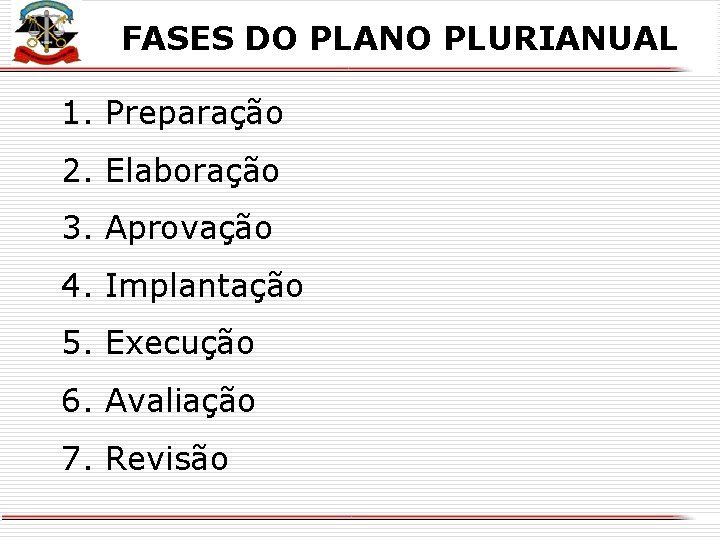 FASES DO PLANO PLURIANUAL 1. Preparação 2. Elaboração 3. Aprovação 4. Implantação 5. Execução