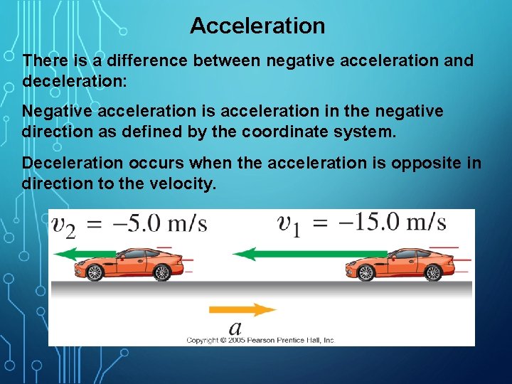 Acceleration There is a difference between negative acceleration and deceleration: Negative acceleration is acceleration