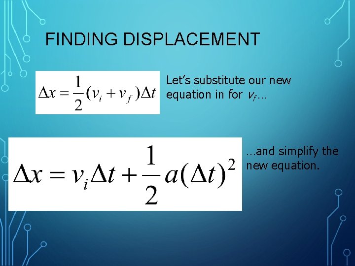 FINDING DISPLACEMENT Let’s substitute our new equation in for vf … …and simplify the