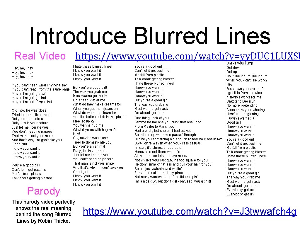 Introduce Blurred Lines Real Video https: //www. youtube. com/watch? v=yy. DUC 1 LUXSU Hey,