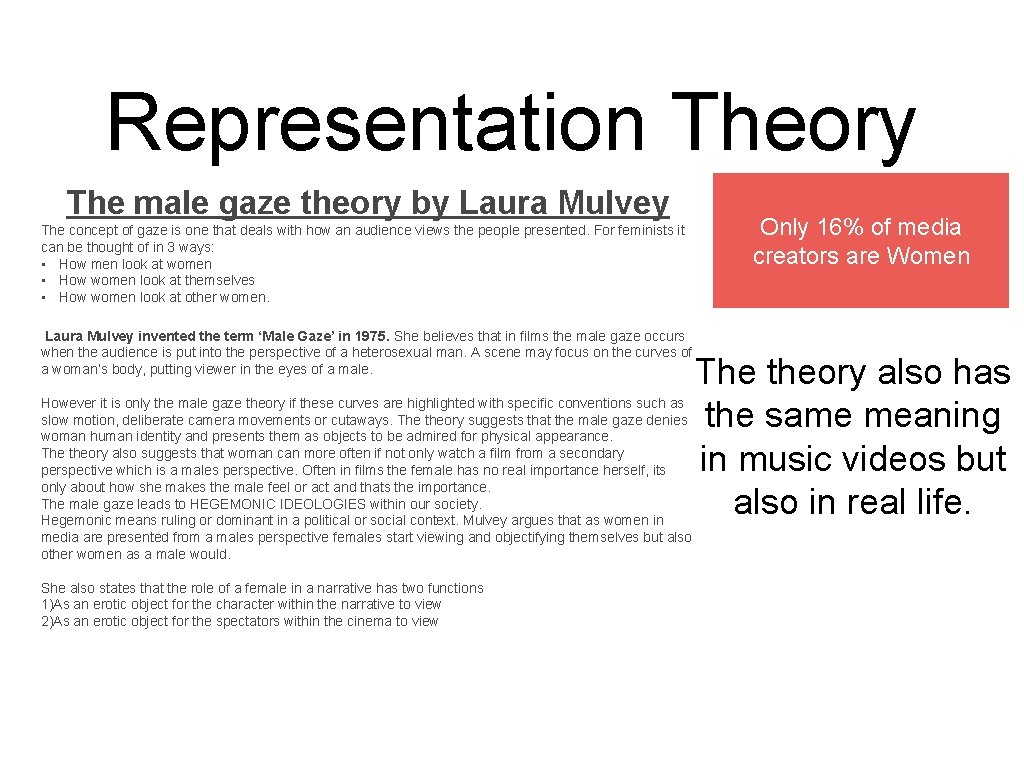 Representation Theory The male gaze theory by Laura Mulvey Only 16% of media creators