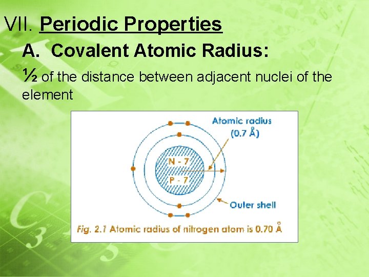 VII. Periodic Properties A. Covalent Atomic Radius: ½ of the distance between adjacent nuclei