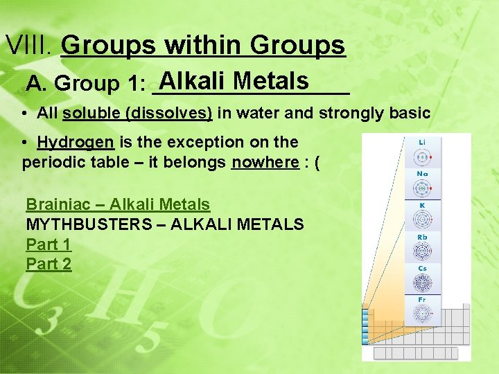 VIII. Groups within Groups Alkali Metals A. Group 1: ________ • All soluble (dissolves)