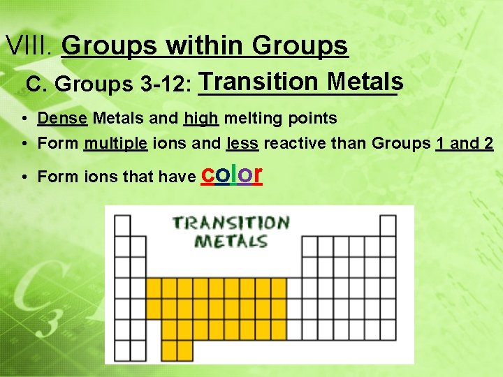 VIII. Groups within Groups Metals C. Groups 3 -12: Transition ________ • Dense Metals