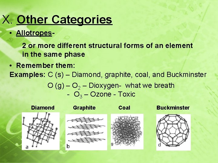 X. Other Categories • Allotropes 2 or more different structural forms of an element