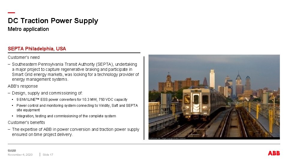 — DC Traction Power Supply Metro application SEPTA Philadelphia, USA Customer’s need – Southeastern — DC Traction Power Supply Metro application SEPTA Philadelphia, USA Customer’s need – Southeastern