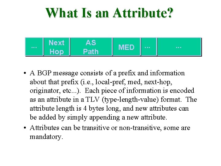 What Is an Attribute? . . . Next Hop AS Path MED . .