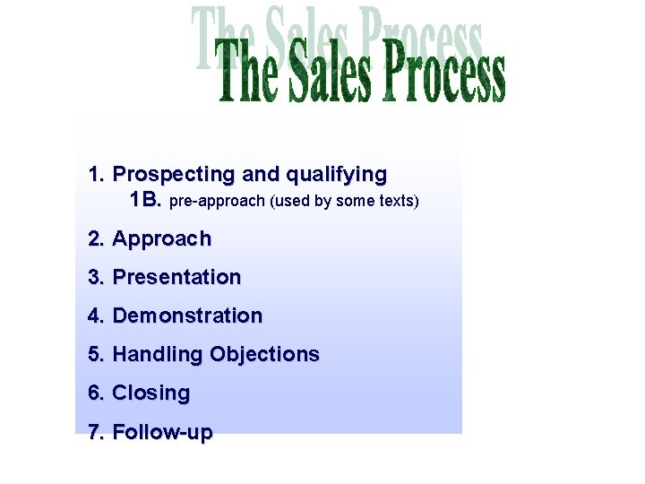 1. Prospecting and qualifying 1 B. pre-approach (used by some texts) 2. Approach 3.