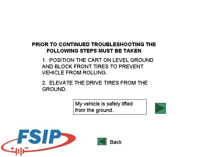 PRIOR TO CONTINUED TROUBLESHOOTING THE FOLLOWING STEPS MUST BE TAKEN 1. POSITION THE CART