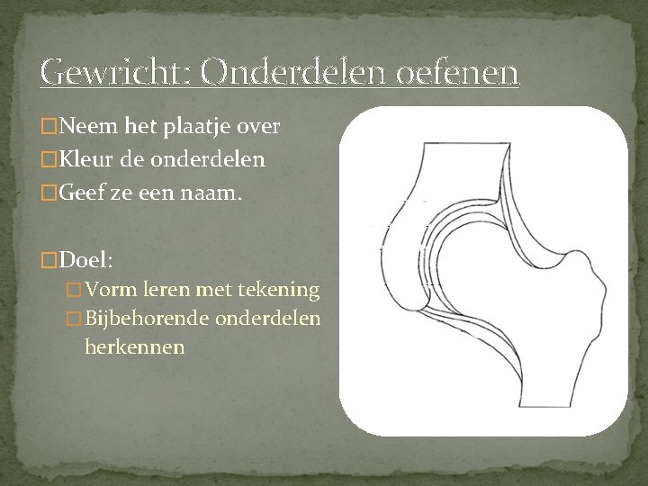 Gewricht: Onderdelen oefenen �Neem het plaatje over �Kleur de onderdelen �Geef ze een naam.