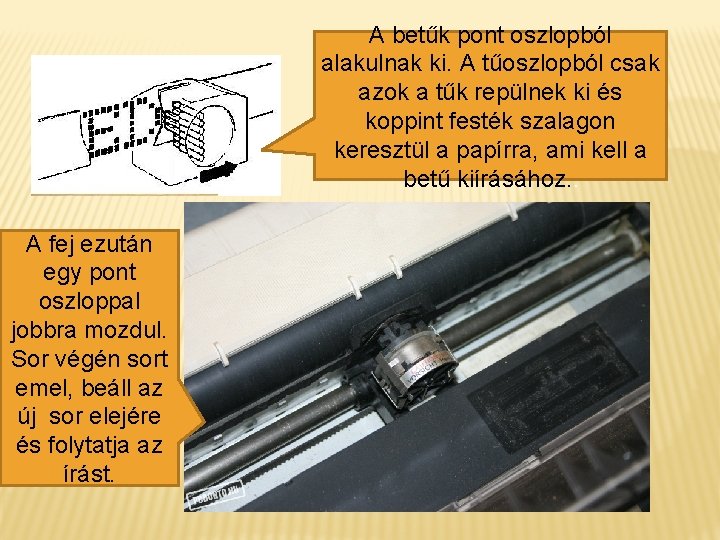 A betűk pont oszlopból alakulnak ki. A tűoszlopból csak azok a tűk repülnek ki