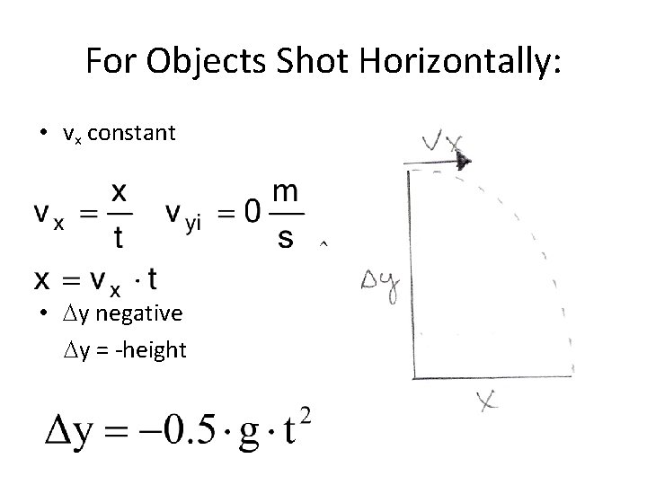 For Objects Shot Horizontally: • vx constant • Dy negative Dy = -height 