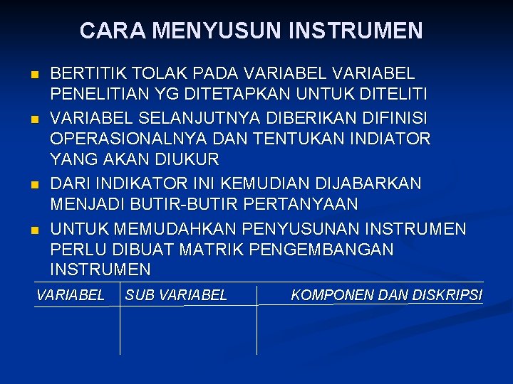 CARA MENYUSUN INSTRUMEN n n BERTITIK TOLAK PADA VARIABEL PENELITIAN YG DITETAPKAN UNTUK DITELITI