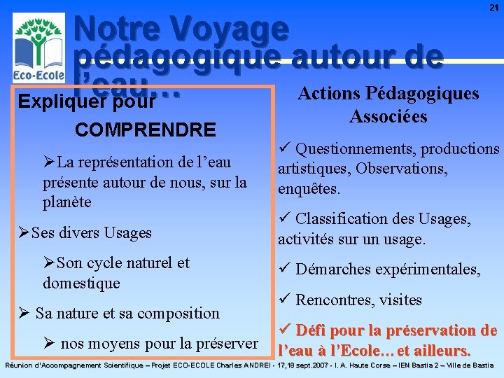 Notre Voyage pédagogique autour de l’eau… Actions Pédagogiques Expliquer pour COMPRENDRE ØLa représentation de