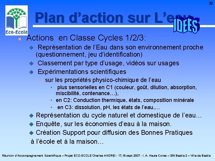 32 Plan d’action sur L’eau n Actions en Classe Cycles 1/2/3: Représentation de l’Eau