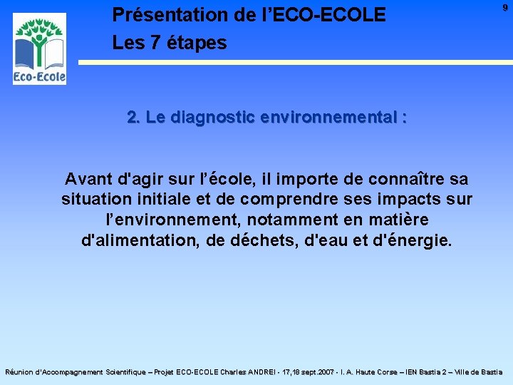 Présentation de l’ECO-ECOLE Les 7 étapes 2. Le diagnostic environnemental : Avant d'agir sur