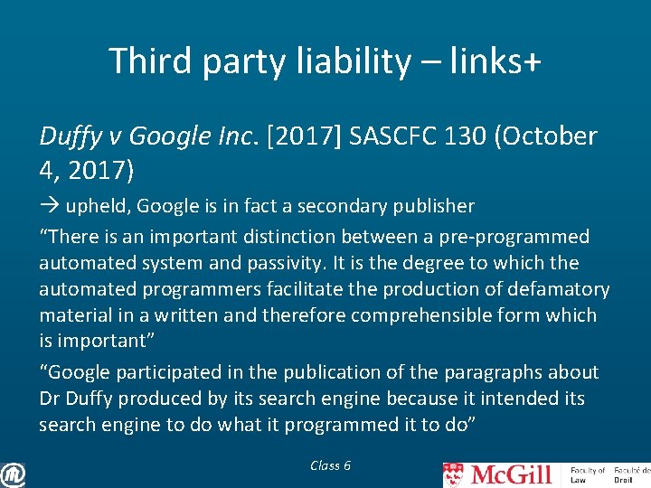 Third party liability – links+ Duffy v Google Inc. [2017] SASCFC 130 (October 4,