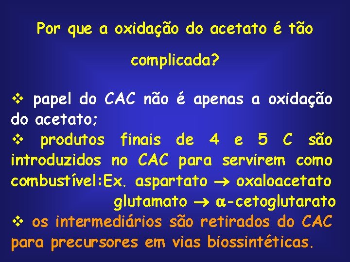 Por que a oxidação do acetato é tão complicada? v papel do CAC não