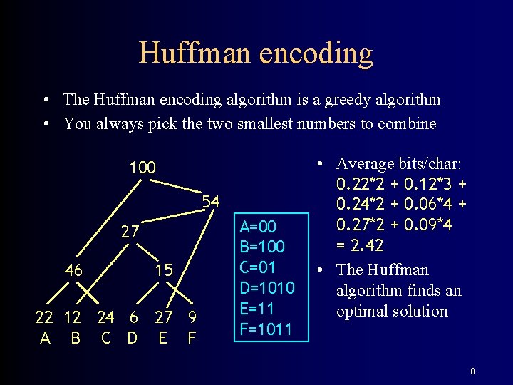 Huffman encoding • The Huffman encoding algorithm is a greedy algorithm • You always