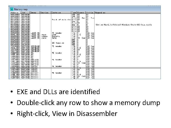  • EXE and DLLs are identified • Double-click any row to show a