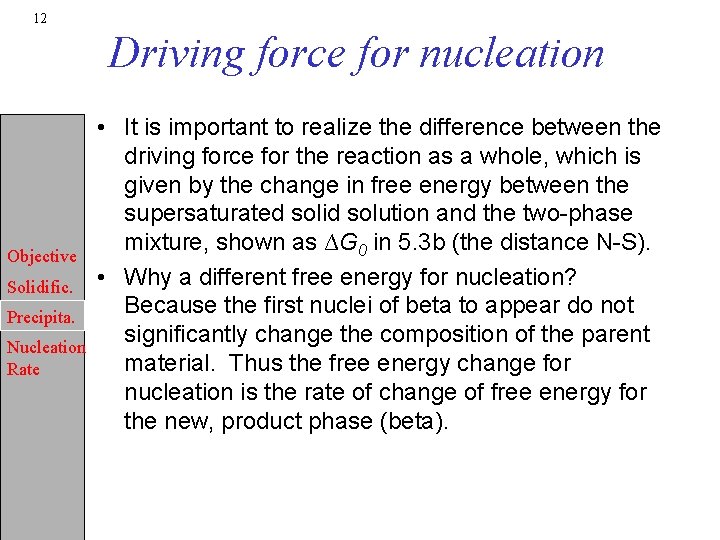 12 Driving force for nucleation Objective Solidific. Precipita. Nucleation Rate • It is important