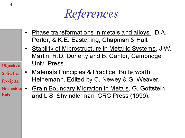 4 Objective Solidific. Precipita. Nucleation Rate References • Phase transformations in metals and alloys,