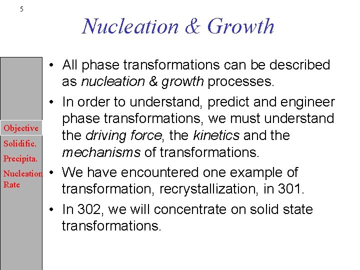 5 Nucleation & Growth Objective Solidific. Precipita. Nucleation Rate • All phase transformations can