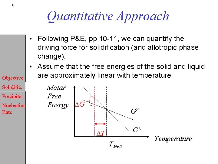 9 Quantitative Approach Objective Solidific. Precipita. Nucleation Rate • Following P&E, pp 10 -11,