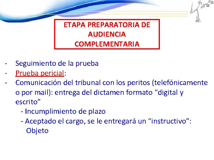 ETAPA PREPARATORIA DE AUDIENCIA COMPLEMENTARIA - Seguimiento de la prueba Prueba pericial: Comunicación del