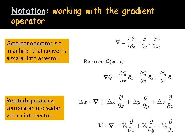 Notation: working with the gradient operator Gradient operator is a ‘machine’ that converts a