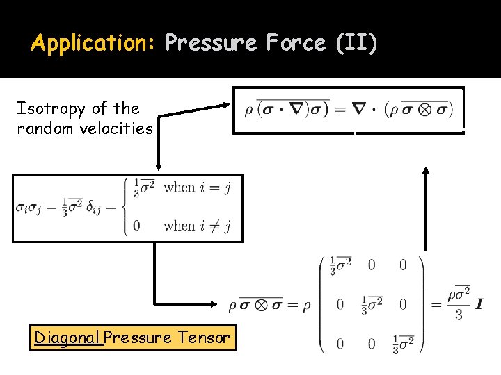 Application: Pressure Force (II) Isotropy of the random velocities Diagonal Pressure Tensor 