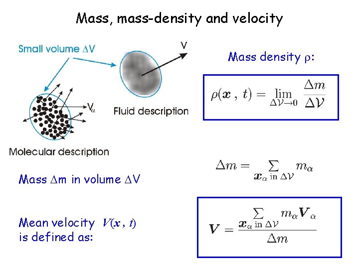 Mass, mass-density and velocity Mass density : Mass m in volume V Mean velocity