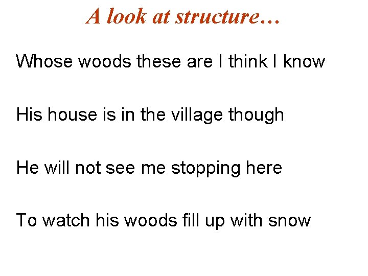 A look at structure… Whose woods these are I think I know His house