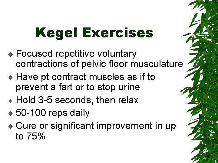 Kegel Exercises Focused repetitive voluntary contractions of pelvic floor musculature Have pt contract muscles