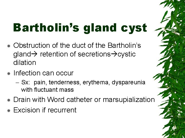 Bartholin’s gland cyst Obstruction of the duct of the Bartholin’s gland retention of secretions
