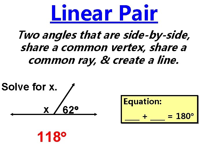 Linear Pair Two angles that are side-by-side, share a common vertex, share a common