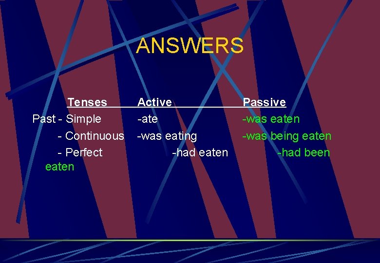 ANSWERS Tenses Past - Simple - Continuous - Perfect eaten Active -ate -was eating