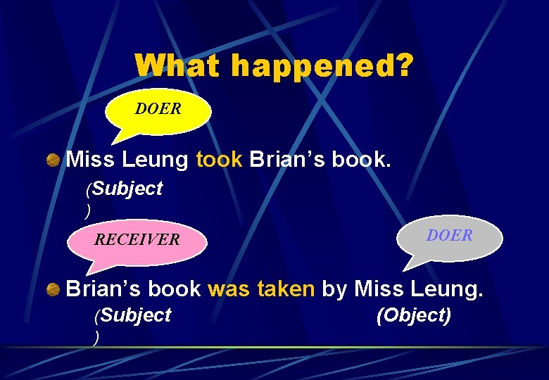 What happened? DOER Miss Leung took Brian’s book. (Subject ) RECEIVER DOER Brian’s book