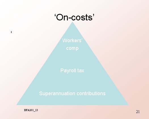 ‘On-costs’ ‘ Workers’ comp Payroll tax Superannuation contributions BFA 201_13 21 