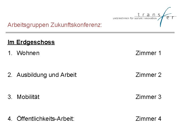 Arbeitsgruppen Zukunftskonferenz: Im Erdgeschoss 1. Wohnen Zimmer 1 2. Ausbildung und Arbeit Zimmer 2