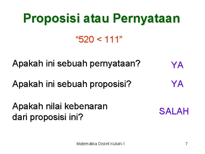 Proposisi atau Pernyataan “ 520 < 111” Apakah ini sebuah pernyataan? YA Apakah ini