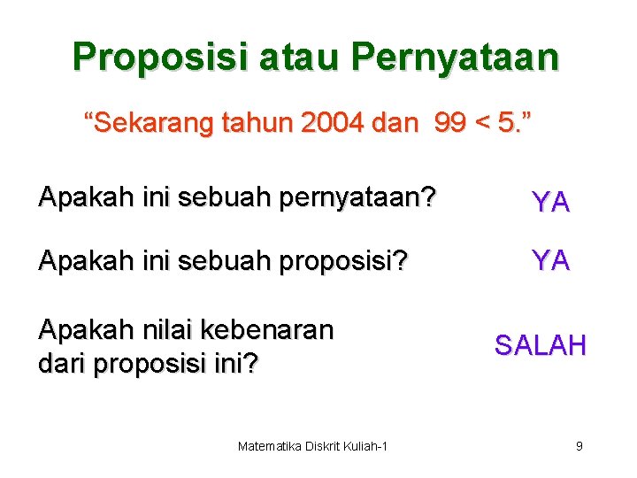 Proposisi atau Pernyataan “Sekarang tahun 2004 dan 99 < 5. ” Apakah ini sebuah