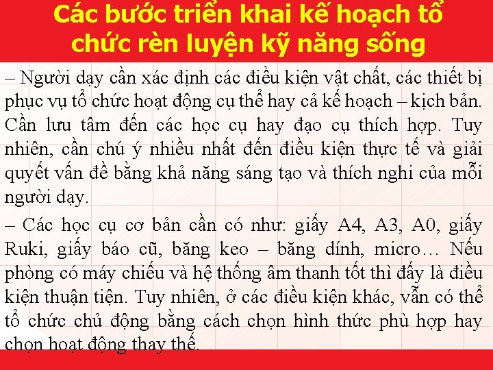 Các bước triển khai kế hoạch tổ chức rèn luyện kỹ năng sống –