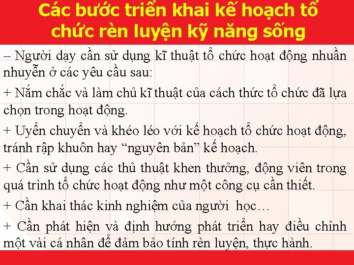 Các bước triển khai kế hoạch tổ chức rèn luyện kỹ năng sống –
