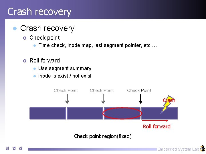 Crash recovery l Crash recovery £ Check point l £ Time check, inode map,