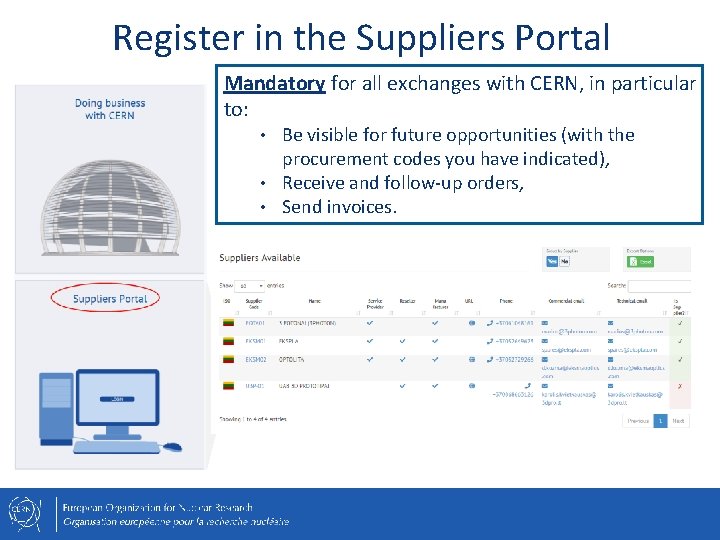 Register in the Suppliers Portal Mandatory for all exchanges with CERN, in particular to: