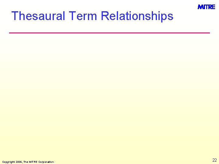 Thesaural Term Relationships Copyright 2006, The MITRE Corporation 22 