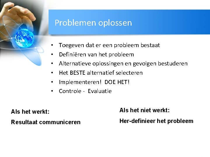 Problemen oplossen • • • Toegeven dat er een probleem bestaat Definiëren van het