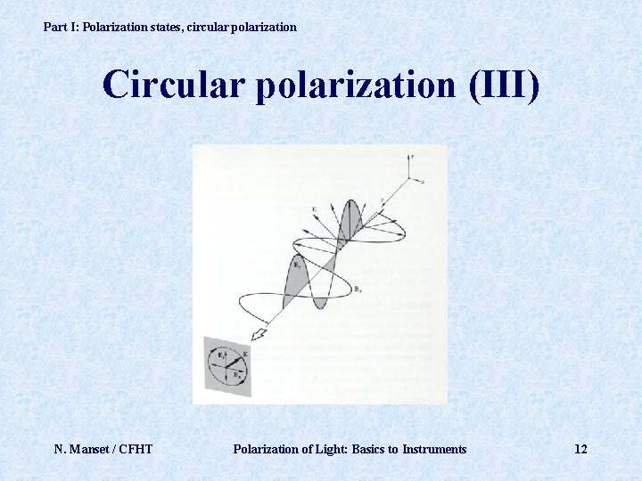 Part I: Polarization states, circular polarization Circular polarization (III) N. Manset / CFHT Polarization